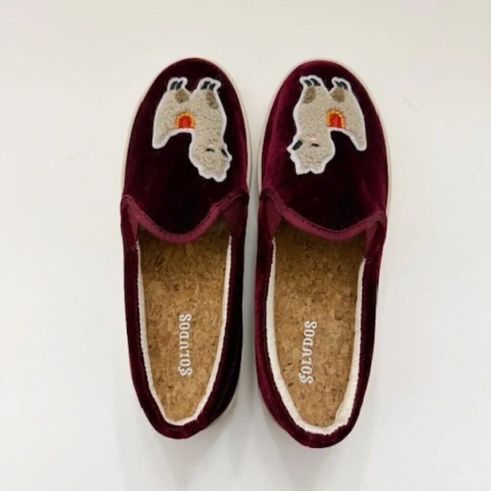 Soludos Anthropologie Velvet Llama Slip-on Sneakers in Burgundy Women's 6 NWOB